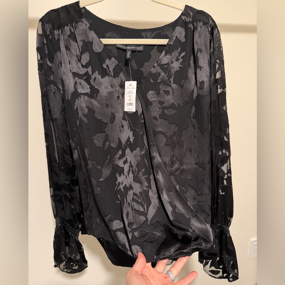 White House Black Market Black Long Sleeve Wrap Blouse NWT Size 12